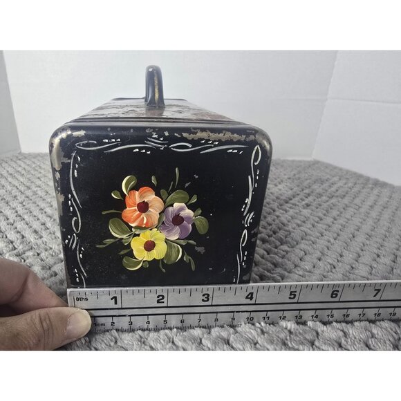 Vintage Toleware Black Metal Box Hand Painted Floral Sewing Vanity Tin Rustic - Picture 9 of 10